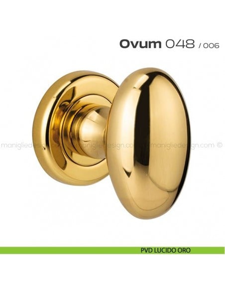 Pomolo ovale per porta girevole 048 Ovum Reguitti con rosetta tonda ad avvitare PVD lucido oro