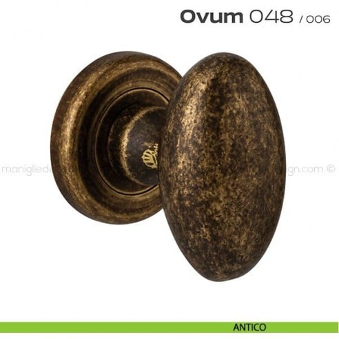 Pomolo ovale per porta girevole 048 Ovum Reguitti con rosetta tonda ad avvitare antico