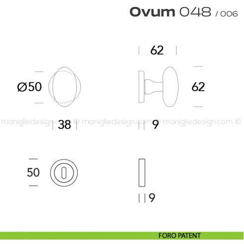 Pomolo ovale per porta girevole 048 Ovum Reguitti con rosetta tonda ad avvitare foro patent