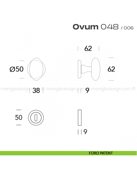Pomolo ovale per porta girevole 048 Ovum Reguitti con rosetta tonda ad avvitare foro patent