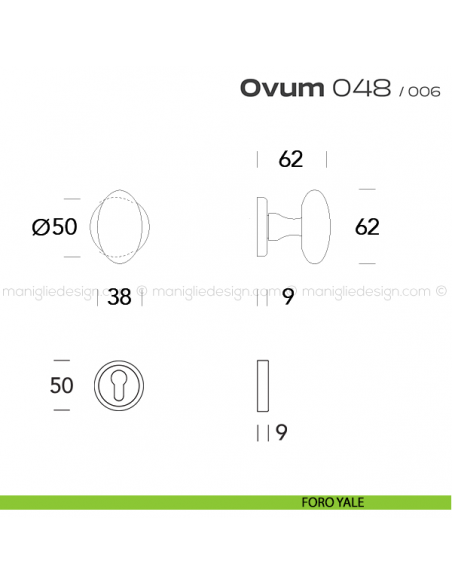 Pomolo ovale per porta girevole 048 Ovum Reguitti con rosetta tonda ad avvitare foro yale