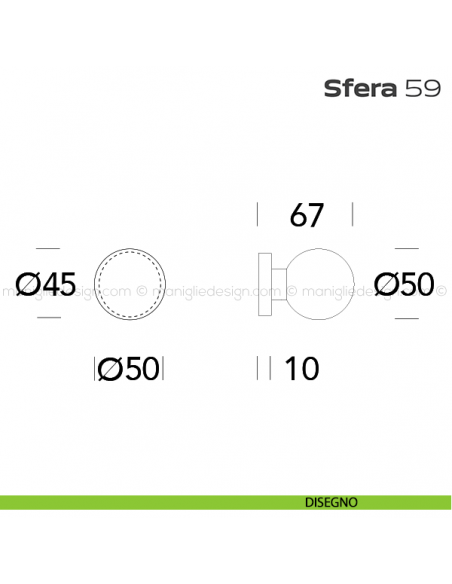 Pomolo fisso diametro 50 mm per porta 59 Sfera Reguitti con rosetta tonda disegno