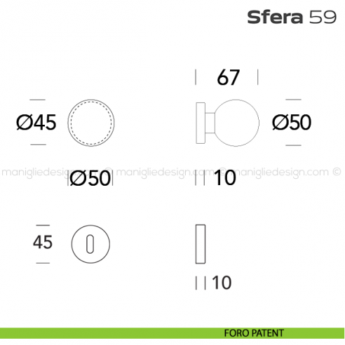 Pomolo girevole diametro 50 mm per porta 59 Sfera Reguitti con rosetta tonda foro patent