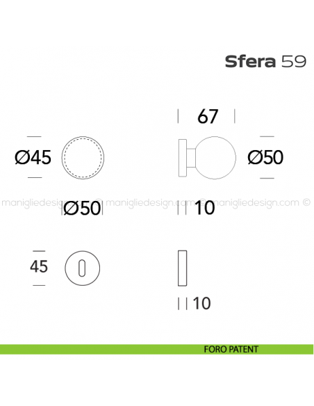 Pomolo girevole diametro 50 mm per porta 59 Sfera Reguitti con rosetta tonda foro patent
