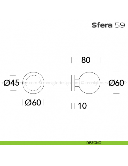 Pomolo fisso diametro 60 mm per porta 59 Sfera Reguitti con rosetta tonda disegno