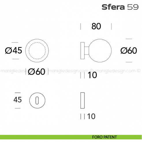 Pomolo girevole diametro 60 mm per porta 59 Sfera Reguitti con rosetta tonda foro patent