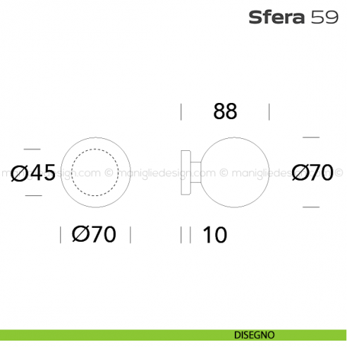 Pomolo fisso diametro 70 mm per porta 59 Sfera Reguitti con rosetta disegno