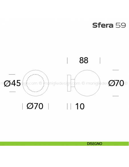 Pomolo fisso diametro 70 mm per porta 59 Sfera Reguitti con rosetta disegno