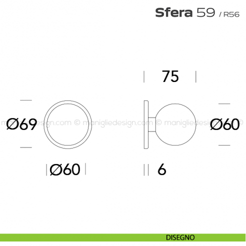 Pomolo tondo fisso diametro 60 mm per porta 59 Sfera Reguitti disegno