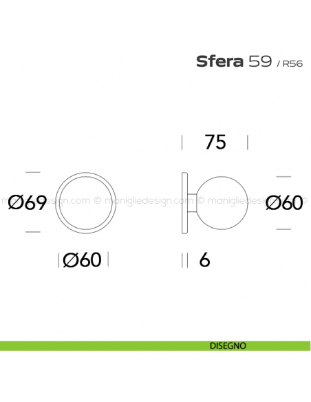 Pomolo tondo fisso diametro 60 mm per porta 59 Sfera Reguitti disegno