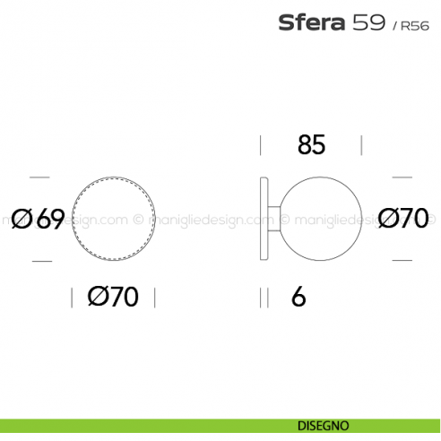 Pomolo tondo fisso diametro 70 mm per porta 59 Sfera Reguitti disegno