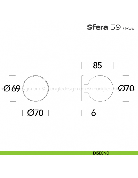 Pomolo tondo fisso diametro 70 mm per porta 59 Sfera Reguitti disegno