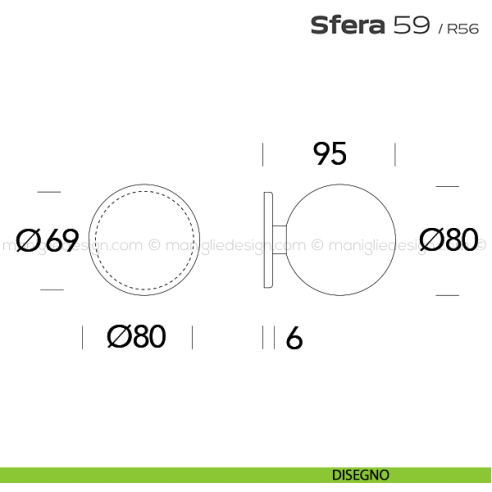 Pomolo tondo fisso diametro 80 mm per porta 59 Sfera Reguitti disegno