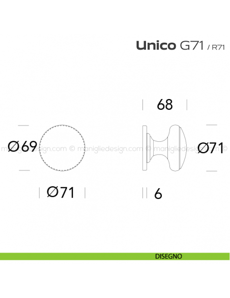 Pomolo per porta fisso G71 Unico Reguitti con rosetta tonda disegno