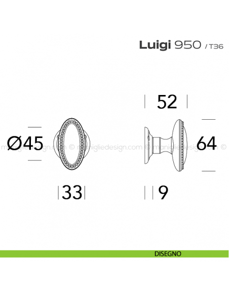 Pomolo ovale per porta fisso 950 Luigi Reguitti con rosetta tonda disegno
