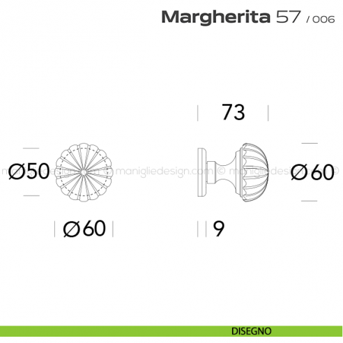 Pomolo per porta fisso 57 Margherita Reguitti diametro 60 mm con rosetta ad avvitare disegno