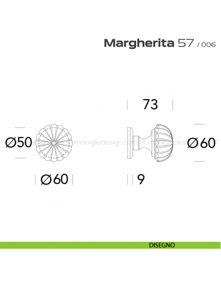 Pomolo per porta fisso 57 Margherita Reguitti diametro 60 mm con rosetta ad avvitare disegno