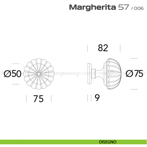 Pomolo per porta fisso 57 Margherita Reguitti diametro 75 mm con rosetta ad avvitare disegno