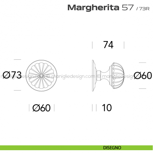 Pomolo per porta fisso 57 Margherita Reguitti diametro 60 mm con rosetta diametro 73 mm disegno
