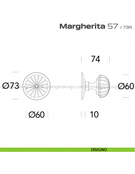 Pomolo per porta fisso 57 Margherita Reguitti diametro 60 mm con rosetta diametro 73 mm disegno