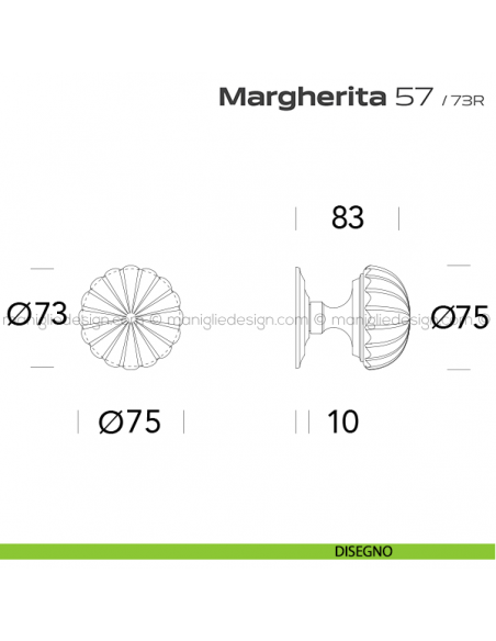 Pomolo per porta fisso 57 Margherita Reguitti diametro 75 mm con rosetta diametro 73 mm disegno