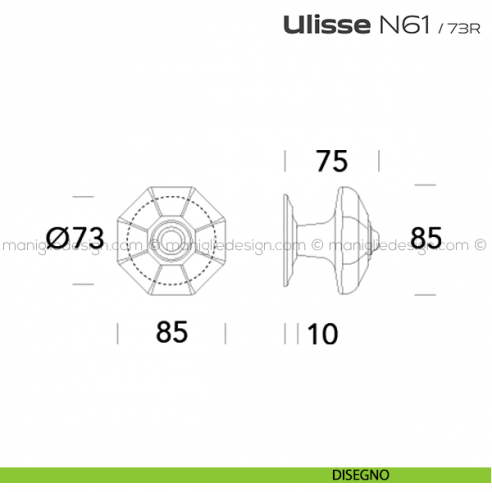 Pomolo per porta fisso N61 Ulisse Reguitti con rosetta diametro 73 mm disegno
