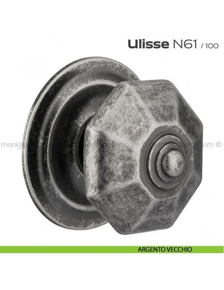 Pomolo per porta fisso N61 Ulisse Reguitti con rosetta diametro 100 mm argento vecchio