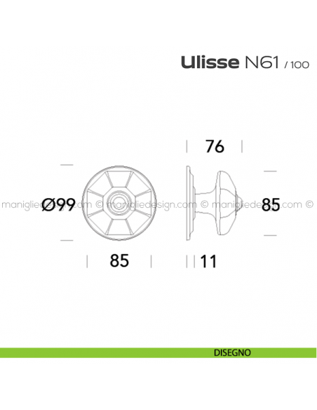 Pomolo per porta fisso N61 Ulisse Reguitti con rosetta diametro 100 mm disegno