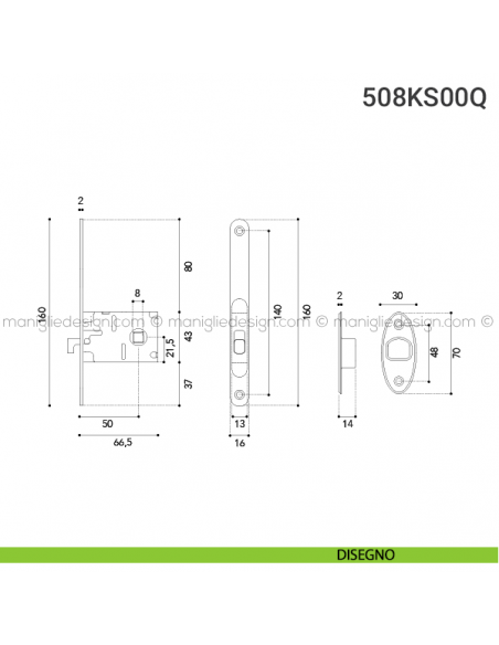 Kit placche incasso quadrate con nottolino 508 Reguitti con frontalino di trascinamento e serratura 026SR disegno