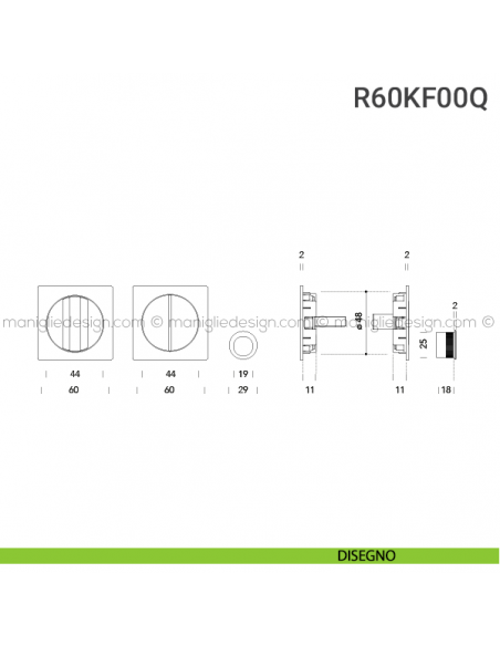 Kit placche incasso quadrate con nottolino R60 Reguitti con frontalino di trascinamento disegno