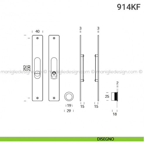 Kit placche incasso rettangolari con nottolino pendente 914 Reguitti con frontalino di trascinamento disegno