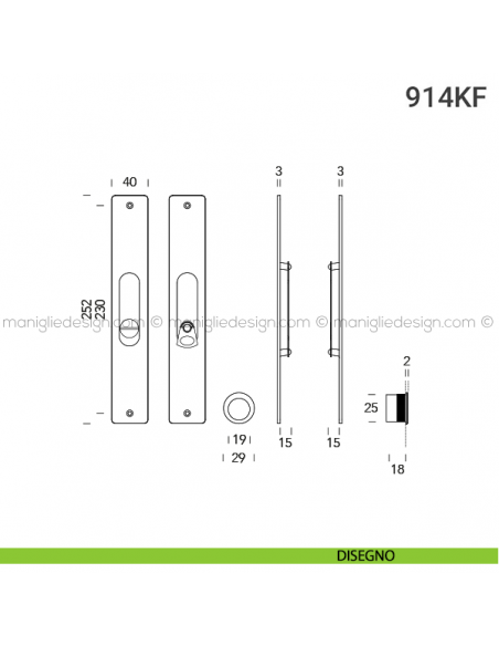 Kit placche incasso rettangolari con nottolino pendente 914 Reguitti con frontalino di trascinamento disegno