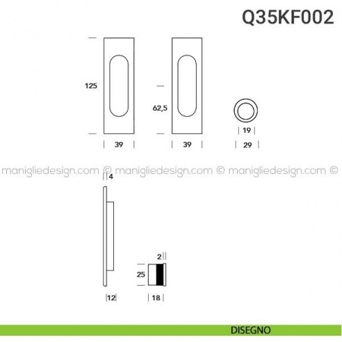 Kit placche incasso rettangolari cieche Q35 Reguitti con frontalino di trascinamento disegno