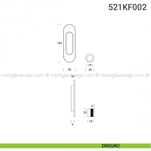 Kit placche incasso ovali cieche 521 Reguitti con frontalino di trascinamento disegno