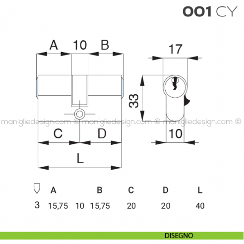 Cilindro Yale lunghezza 40 mm 001 CY Reguitti disegno