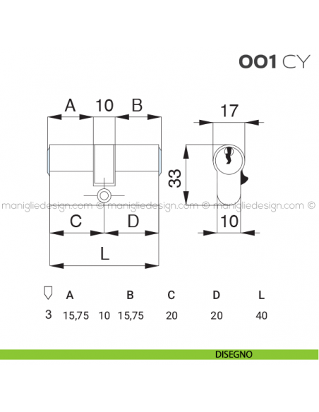 Cilindro Yale lunghezza 40 mm 001 CY Reguitti disegno