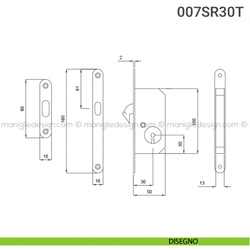 Serratura con foro chiave bordo tondo entrata 30 mm 007SR Reguitti disegno