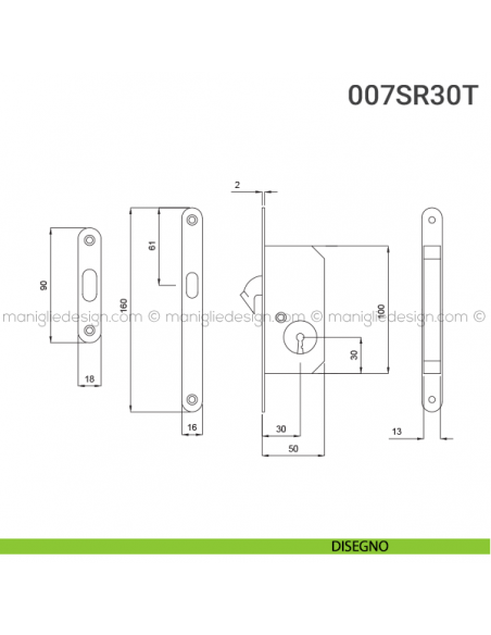 Serratura con foro chiave bordo tondo entrata 30 mm 007SR Reguitti disegno