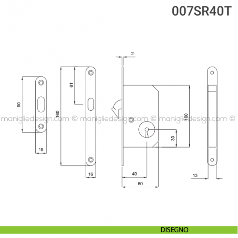 Serratura con foro chiave bordo tondo entrata 40 mm 007SR Reguitti disegno