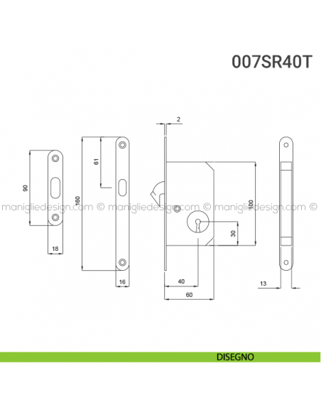 Serratura con foro chiave bordo tondo entrata 40 mm 007SR Reguitti disegno