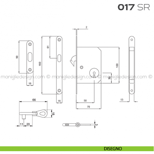 Serratura con foro chiave bordo tondo entrata 50 mm 017SR Reguitti con chiave disegno
