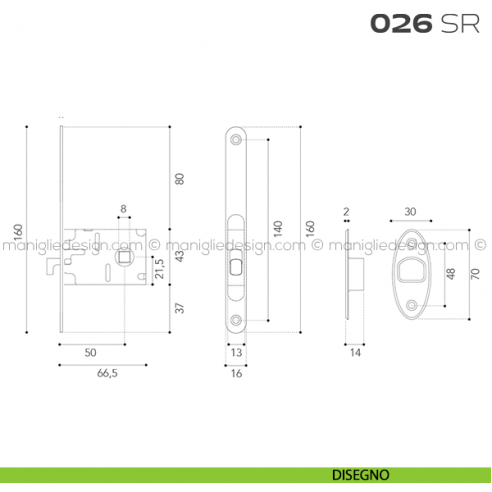 Serratura con foro quadro 8 mm bordo tondo entrata 50 mm 026SR Reguitti disegno