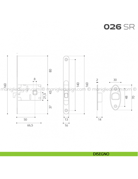 Serratura con foro quadro 8 mm bordo tondo entrata 50 mm 026SR Reguitti disegno