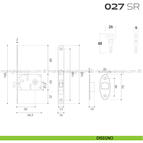 Serratura con foro chiave tondo, con chiave a spillo bordo tondo entrata 50 mm 027SR Reguitti disegno