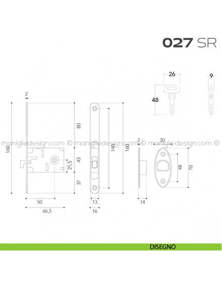 Serratura con foro chiave tondo, con chiave a spillo bordo tondo entrata 50 mm 027SR Reguitti disegno