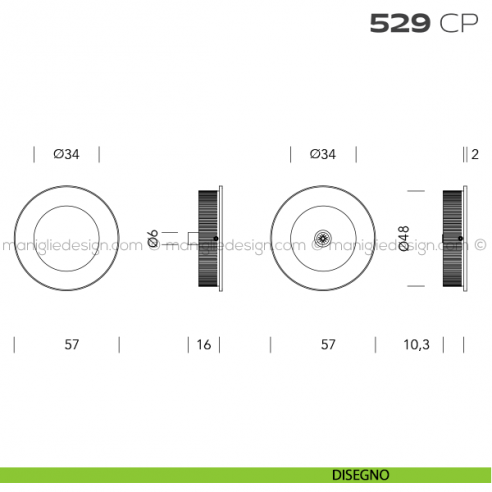 Coppia placche incasso ø48 con bordo di presa con vite di connessione passante 529 CP Reguitti disegno