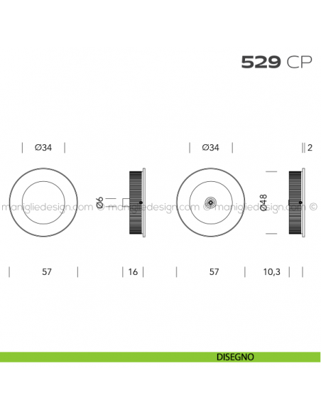 Coppia placche incasso ø48 con bordo di presa con vite di connessione passante 529 CP Reguitti disegno