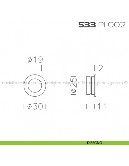 Placca incasso tonda foro 25 mm con bordo di presa cieca 533 PI Reguitti disegno