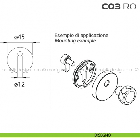 Bocchetta tonda con foro asse per cilindretti con codolo diametro 45 mm C03RO Reguitti disegno