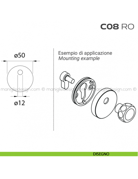 Bocchetta tonda con foro asse per cilindretti con codolo diametro 50 mm C08RO Reguitti disegno